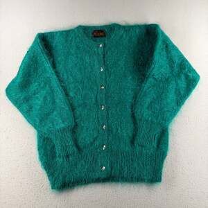 Midori Mohair Cardigan Sweater Green Fuzzy Batwing Dolman Sleeve Button Front
